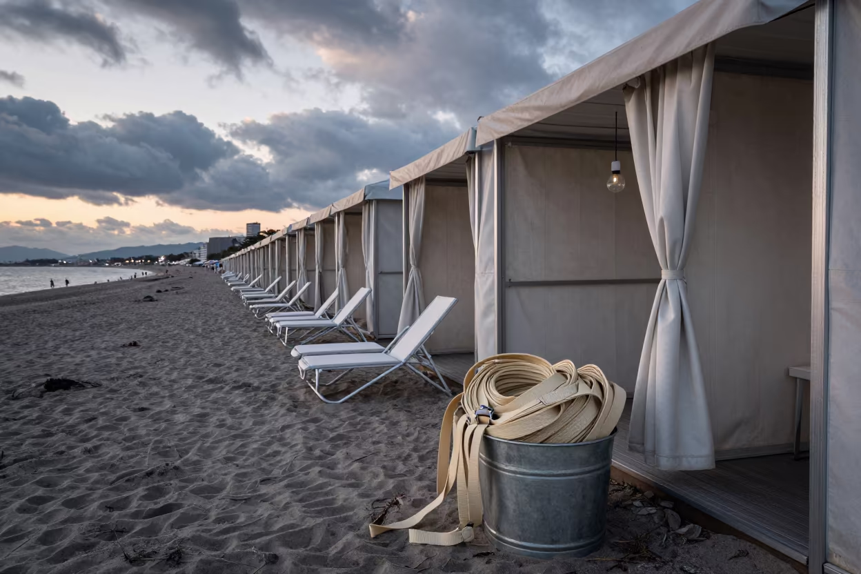 Dawn Beach Chair Straps in Osaka Cabana Row in along a beachfront cabana row in Umeda, Osaka