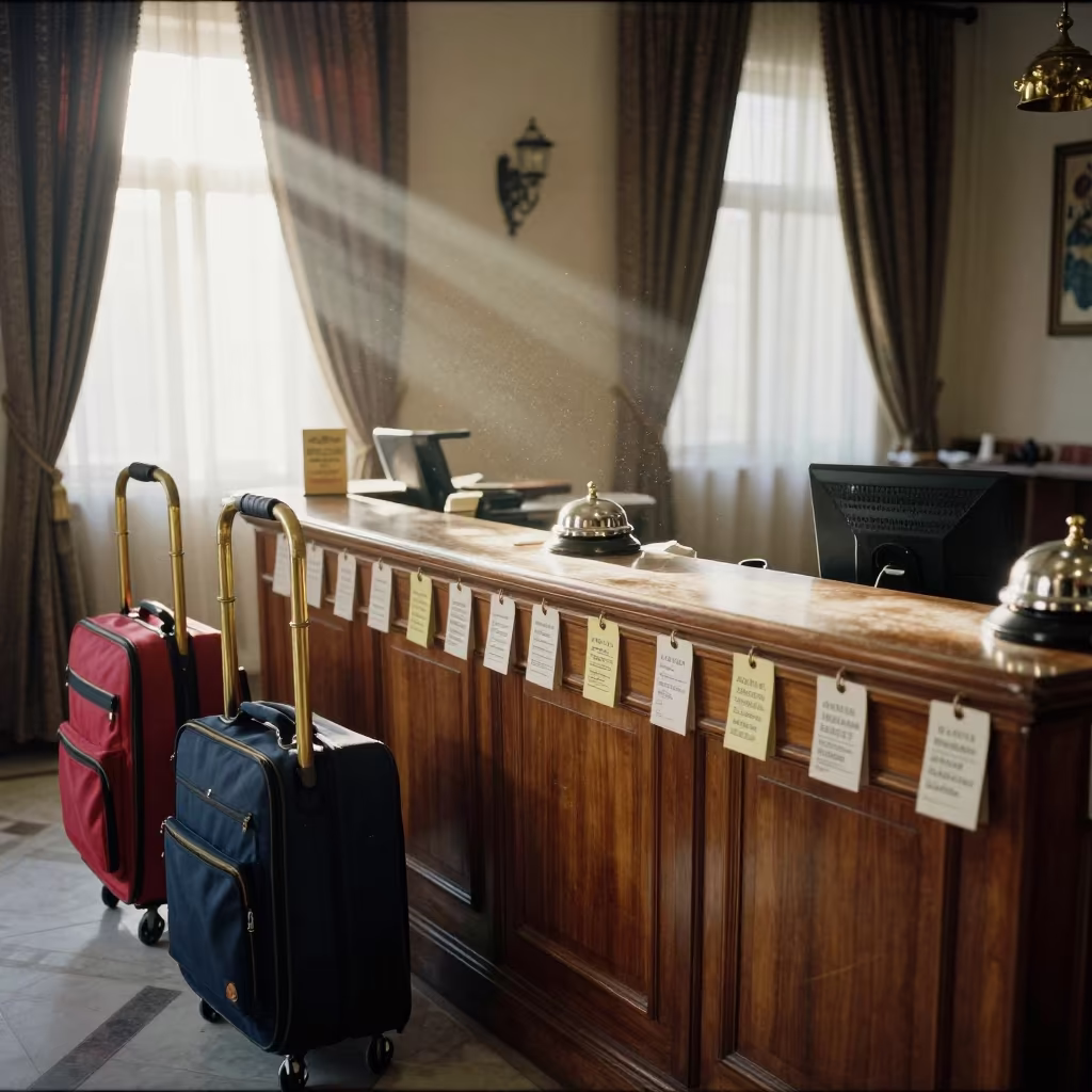 Dawn Bell Desk with Straps and Tags in Cairo in inside a hotel lobby in Islamic Cairo, Cairo