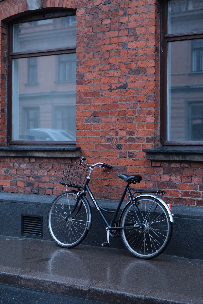 Dawn Bicycle Against Kyiv Bakery in Rain in near Kyiv