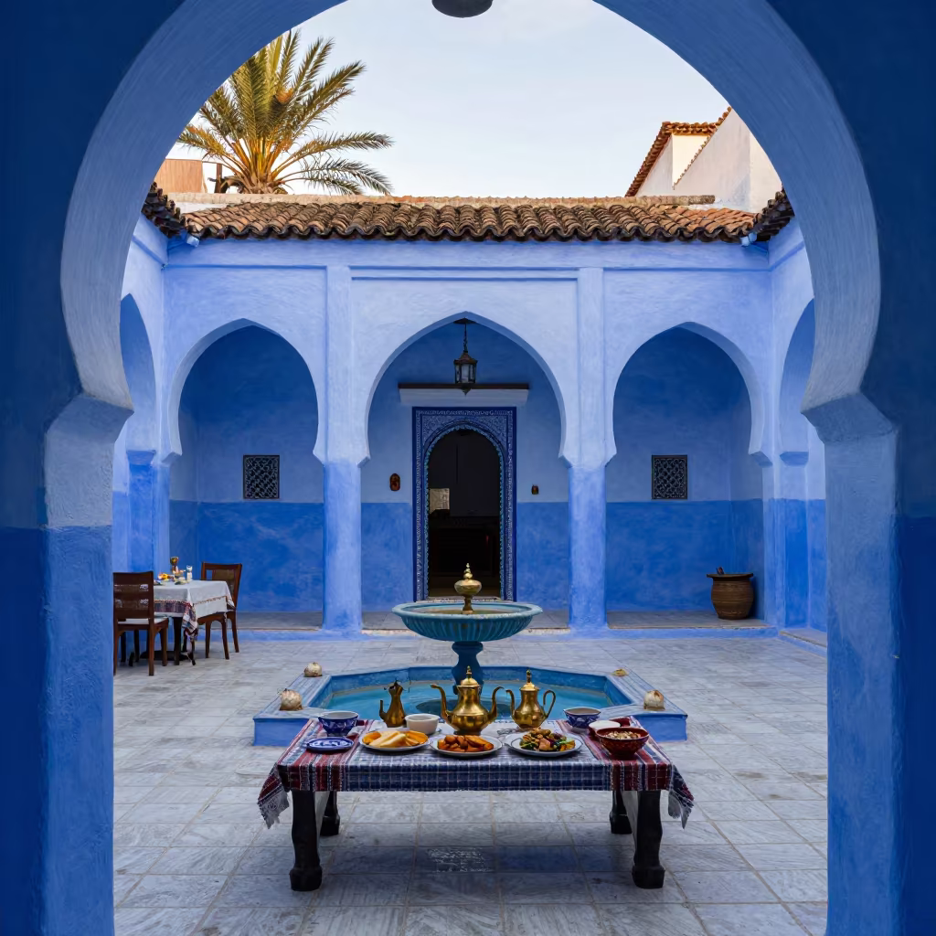 Dawn Breakfast Gallery Courtyard Chefchaouen in in a courtyard prepared for breakfast service in Chefchaouen