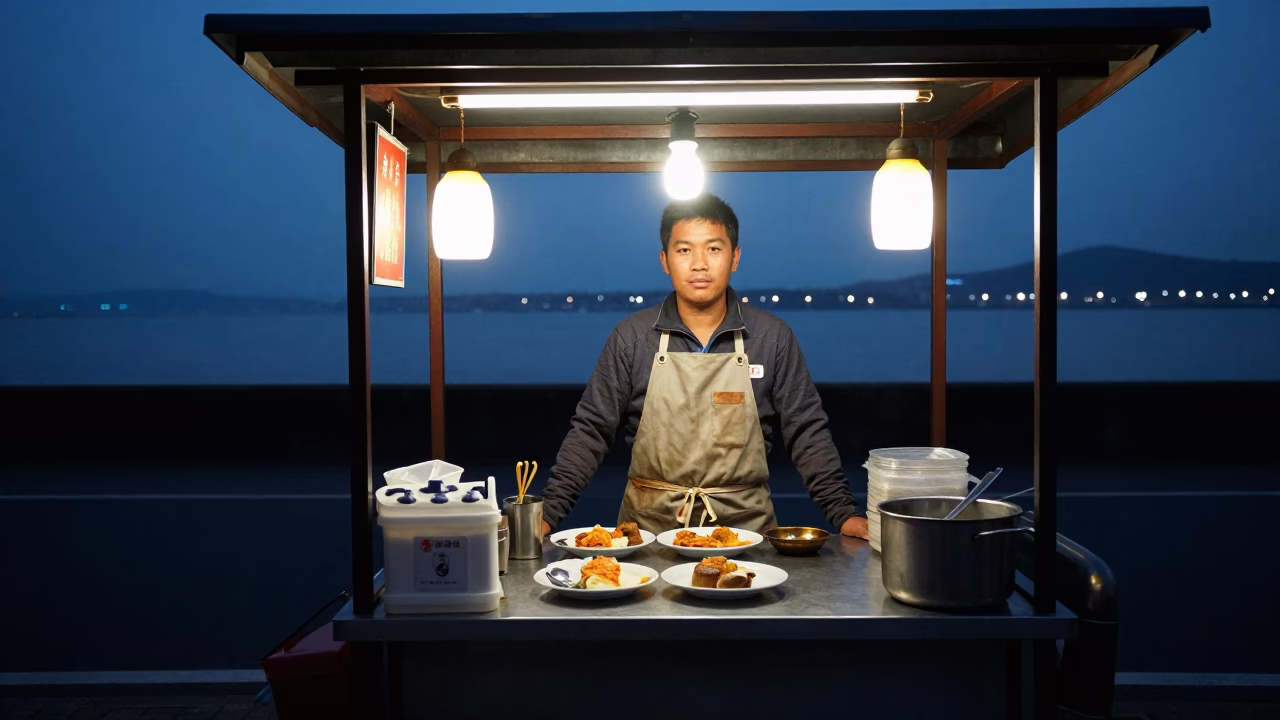 Dawn Breakfast in Kaohsiung at The Predawn Darkness Light in in Kaohsiung, Taiwan