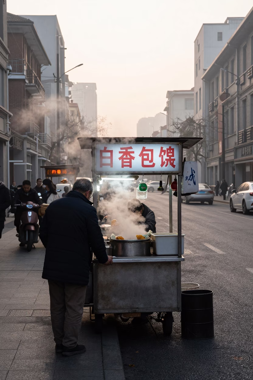 Dawn Breakfast Stall on Shanghai Street with Spring Rolls and Saucer in in Shanghai, China