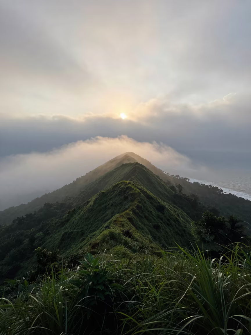 Dawn Breaking Over Ridge Through Marine Fog Georgia in through low marine fog in Georgia