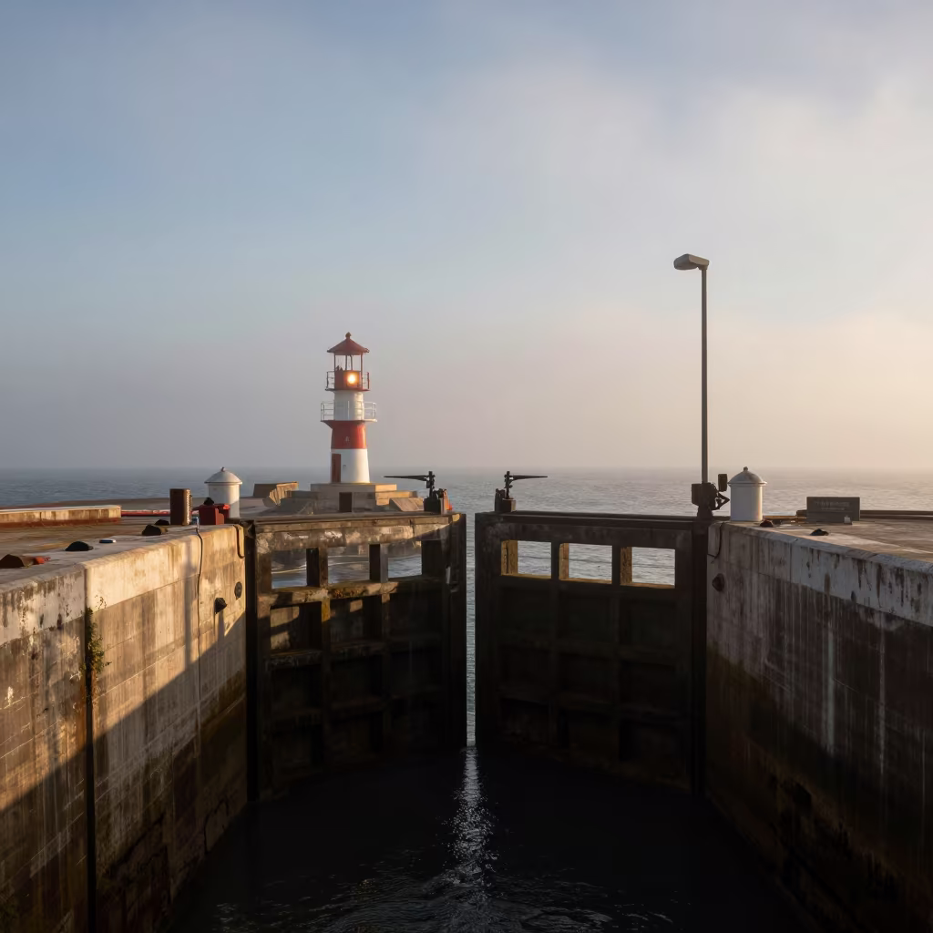 Dawn Breakwater Beacon in Spanish Canal Lock Mist in at a canal lock chamber in Spain