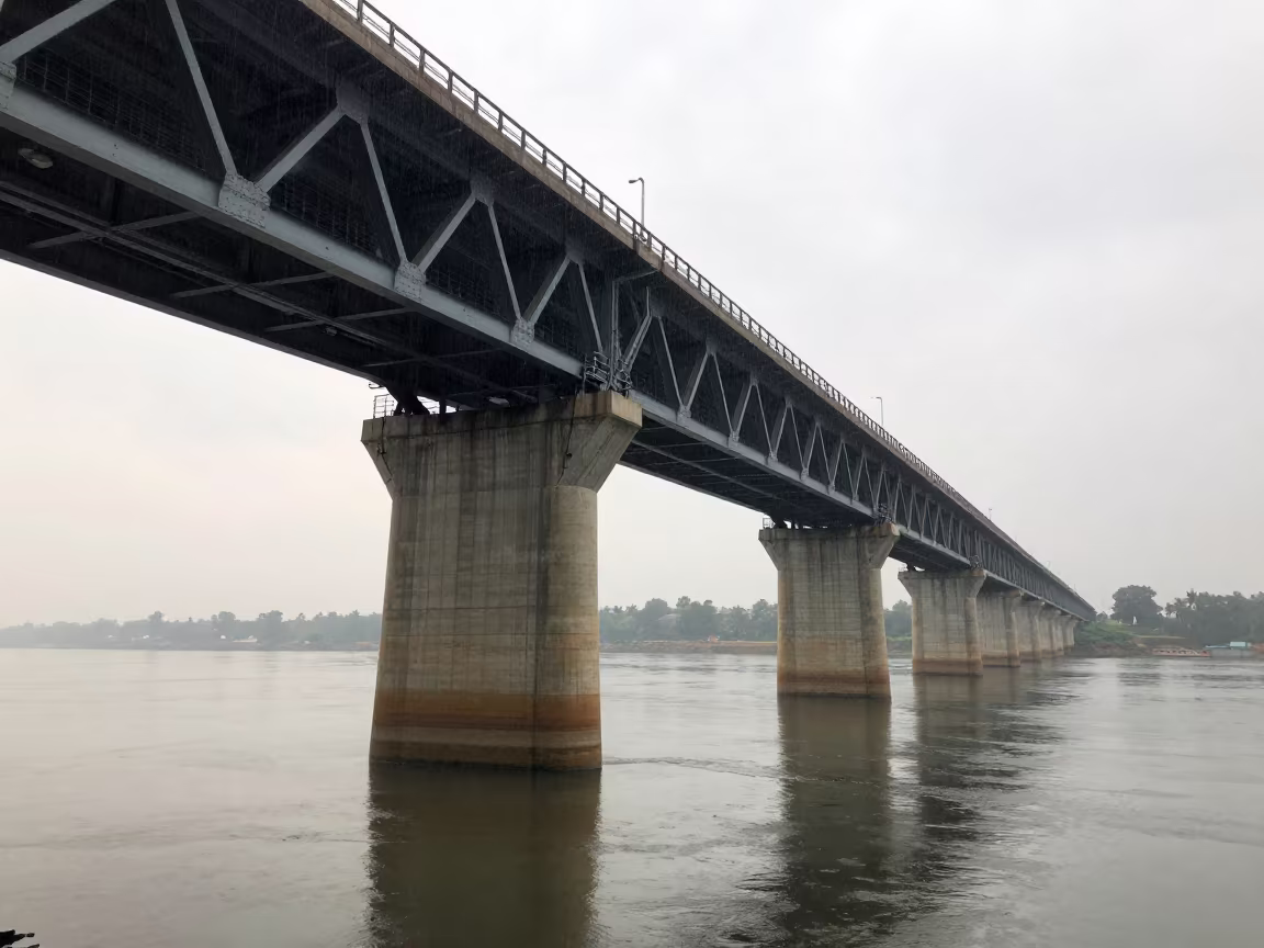 Dawn Bridge Pier in Rainy Gaya Winter in under a viaduct of steel and concrete in Gaya