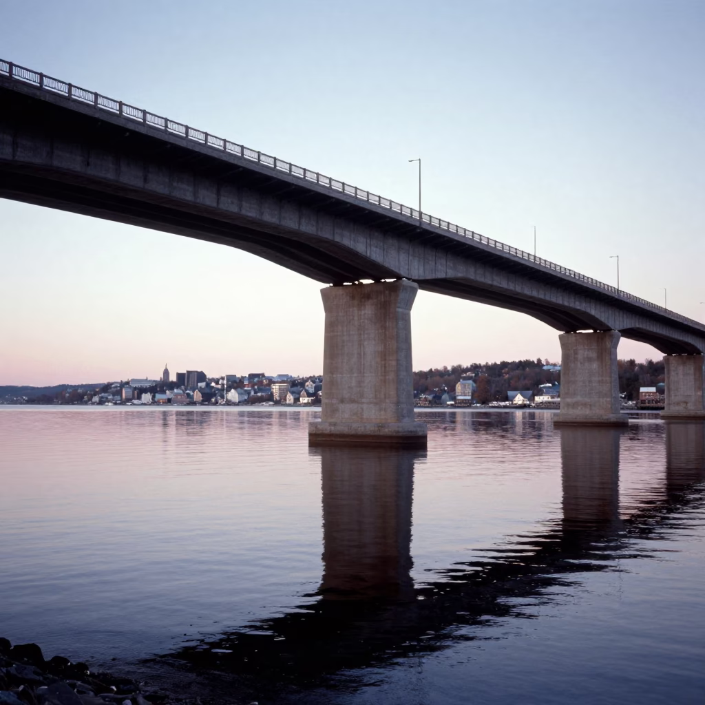 Dawn Bridge Pier Reflections in Quebec City Harbor Waters in in Quebec City, Quebec, Canada