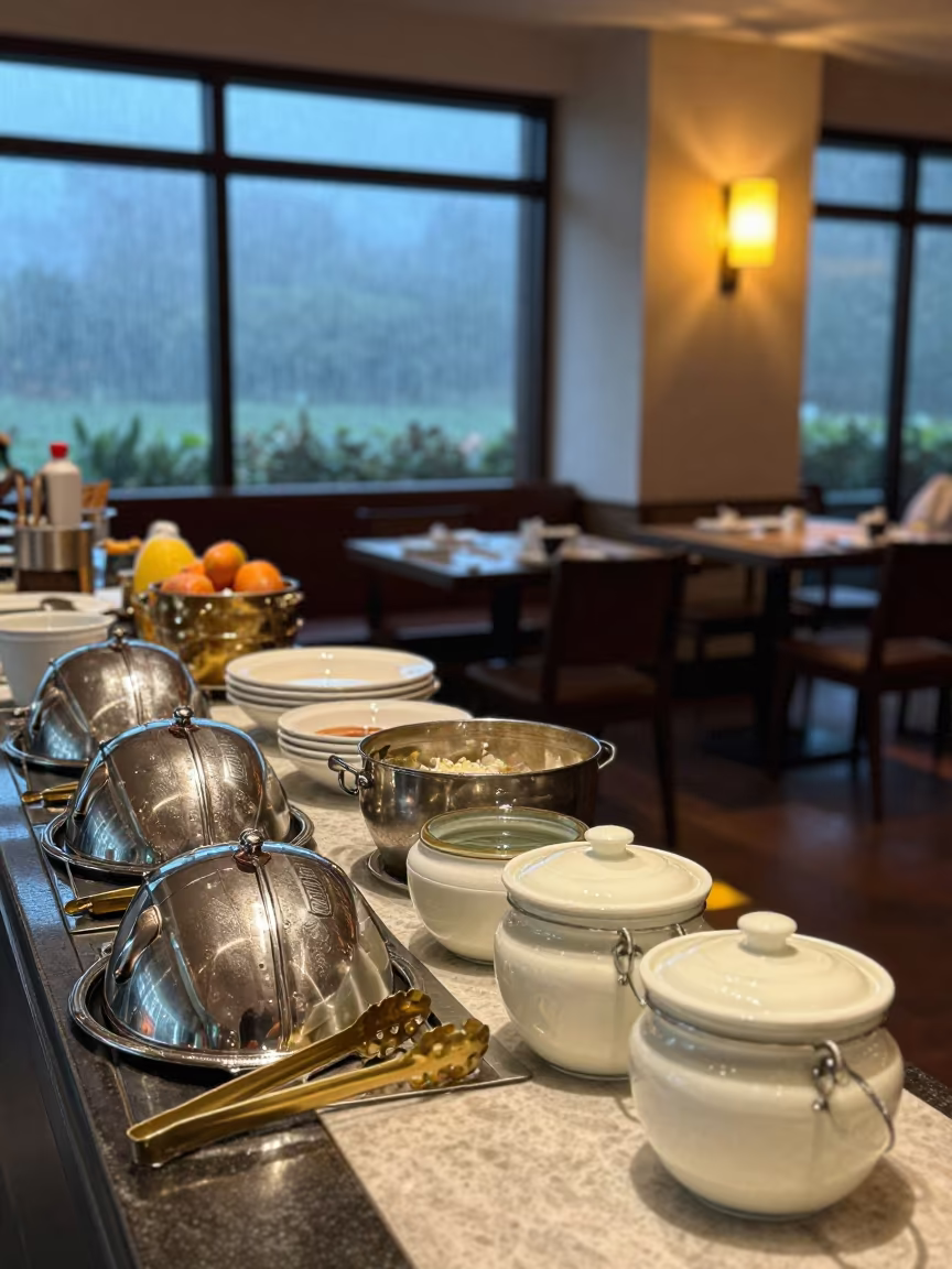Dawn Buffet Line Before Sunrise Service in at a reception desk under warm light near Bonoua