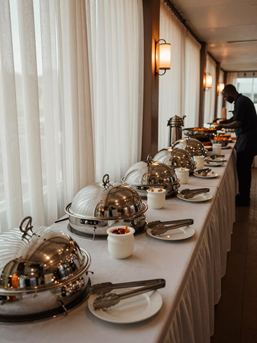 Dawn Buffet Setup Nkongsamba Banquet Hall in inside a banquet hall before service in Nkongsamba