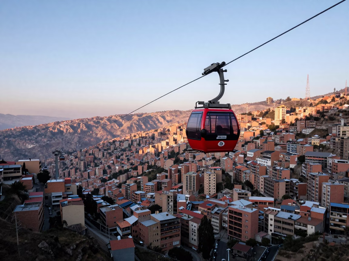 Dawn Cable Car Crossing Over La Paz Bolivia Urban Valley Cityscape in in La Paz, Bolivia