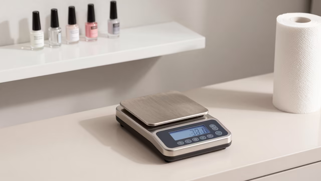 Dawn Calibration of Nail Salon Mixing Scale in Kinshasa in inside a nail studio in Kinshasa