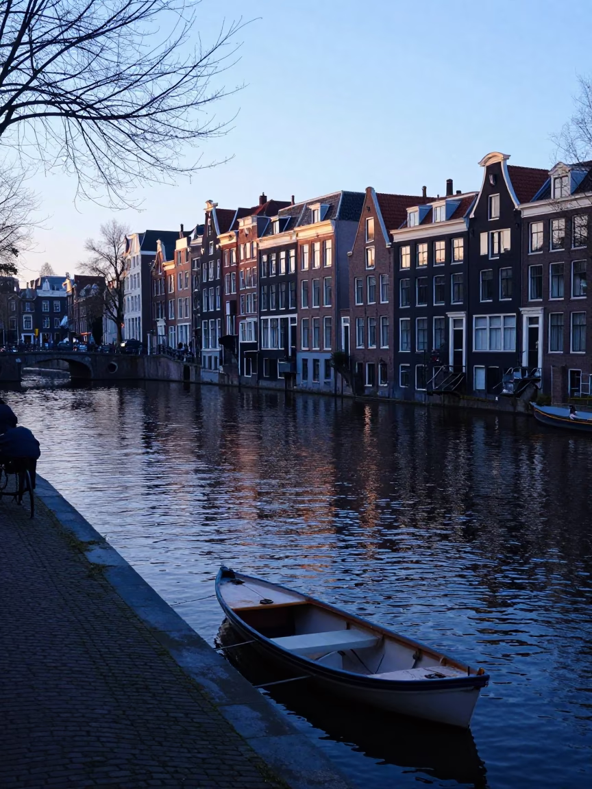 Dawn Canal Scene Amsterdam Netherlands with Rowing Boat and Cobblestone Reflections in in Amsterdam, Netherlands