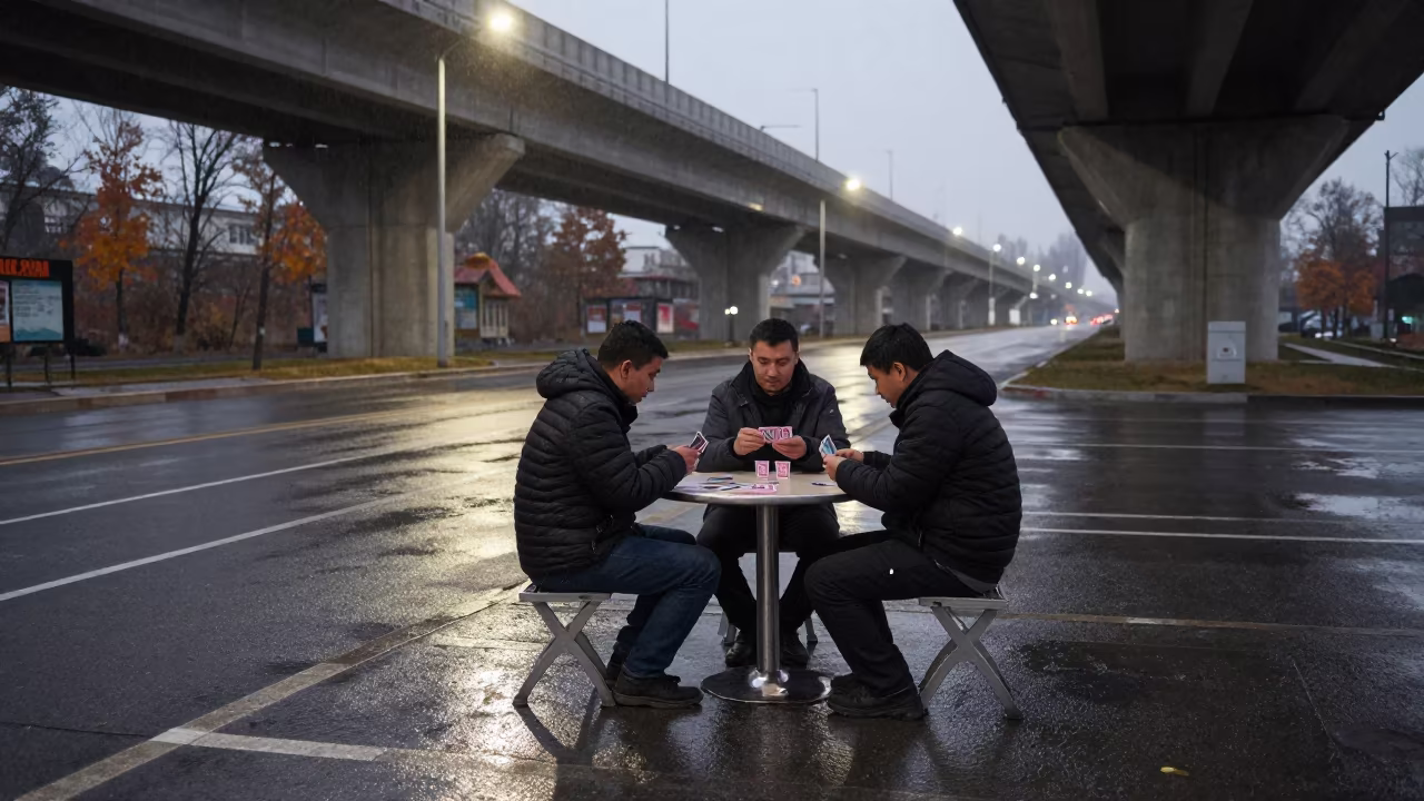 Dawn Card Game Under Flickering Oskemen Light in beneath a flickering underpass light in Oskemen