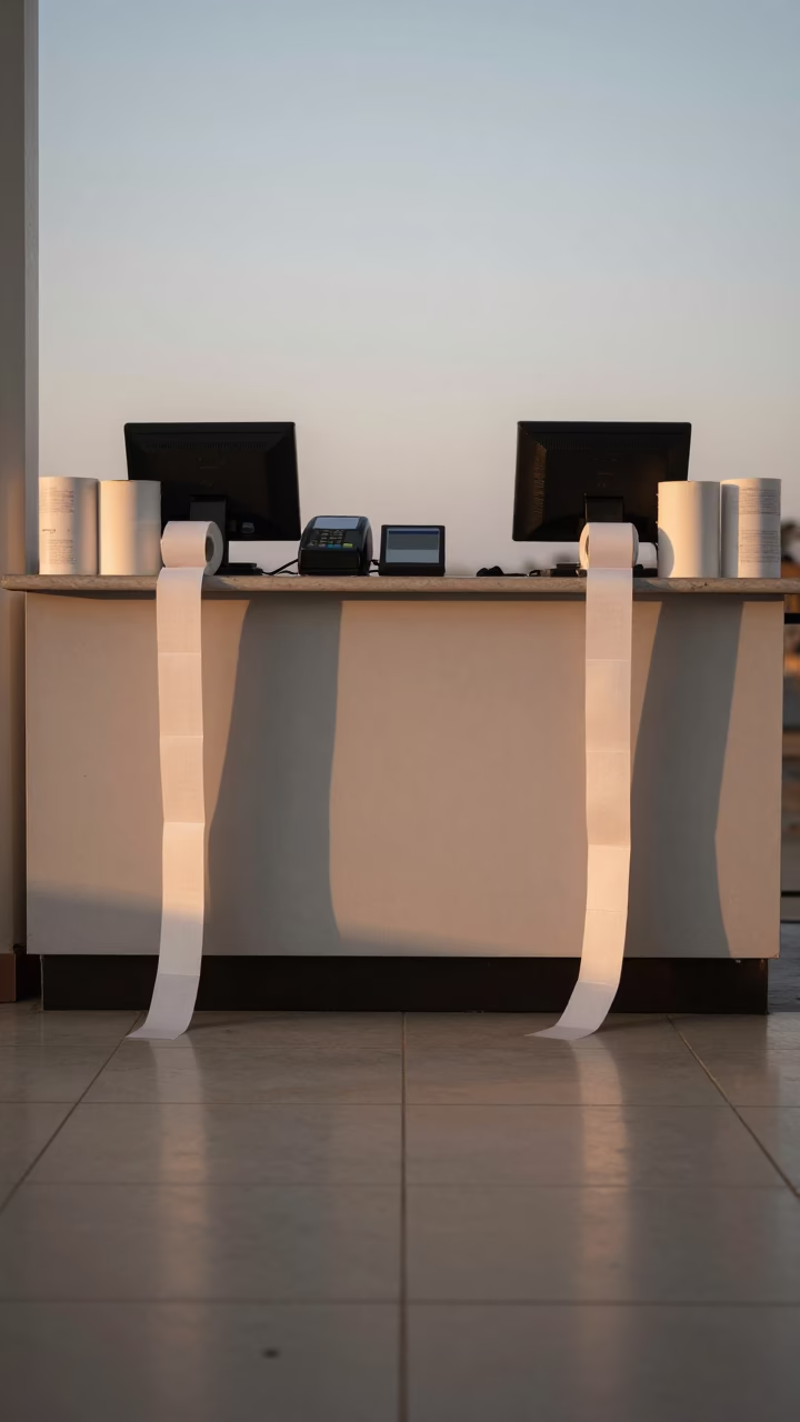 Dawn Cash Wrap Counter with Receipts and Bags in at a cash wrap counter with bags and receipts nearby in Guacara