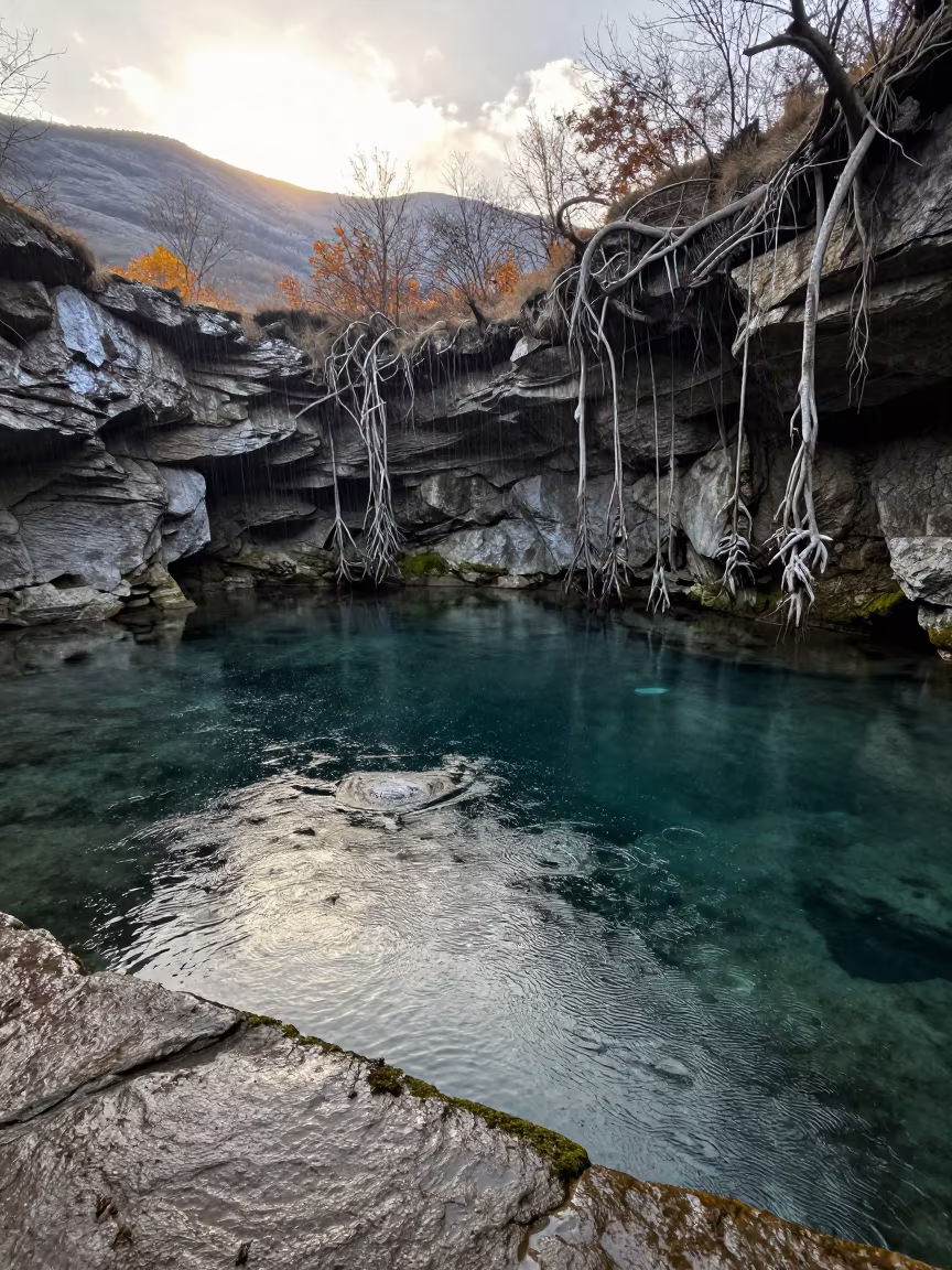 Dawn Cenote with Hanging Roots and Drizzle in from a ridge above layered foothills near Kayseri
