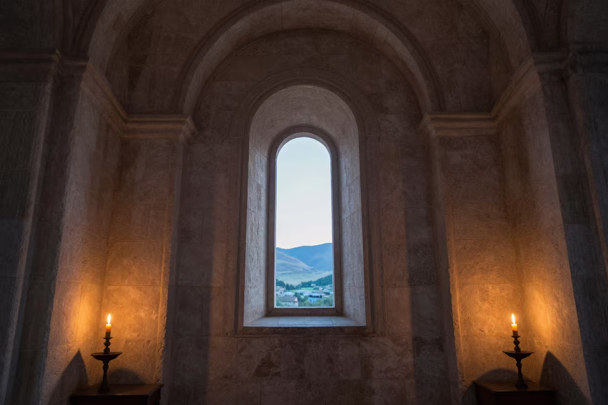 Dawn Chapel Window in Bishkek Abbey Nave in inside a candlelit abbey nave in Bishkek