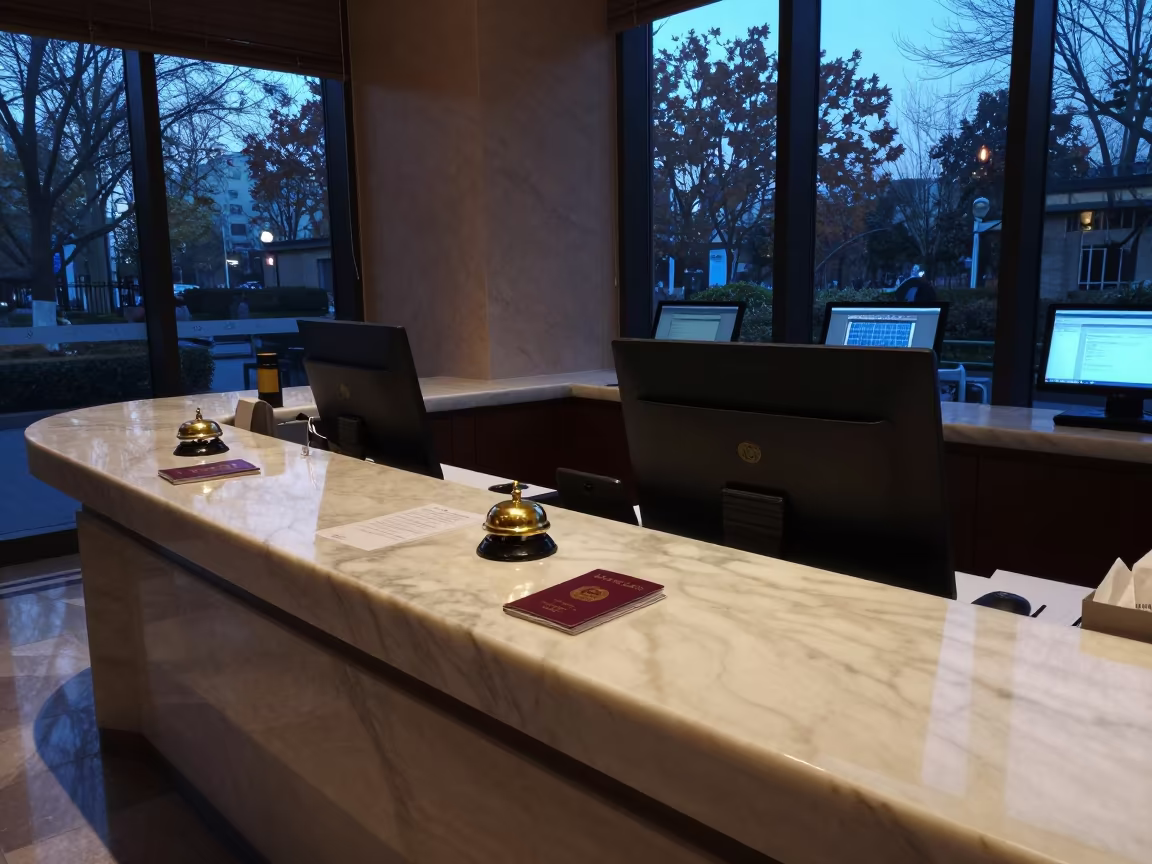 Dawn Check-In Desk with Brass Bells and Screens in inside a breakfast room before opening near Tianjin