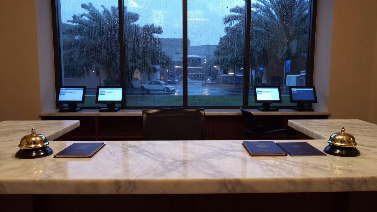 Dawn Check-In Desk With Brass Bells in inside a hotel lobby in Cumaná