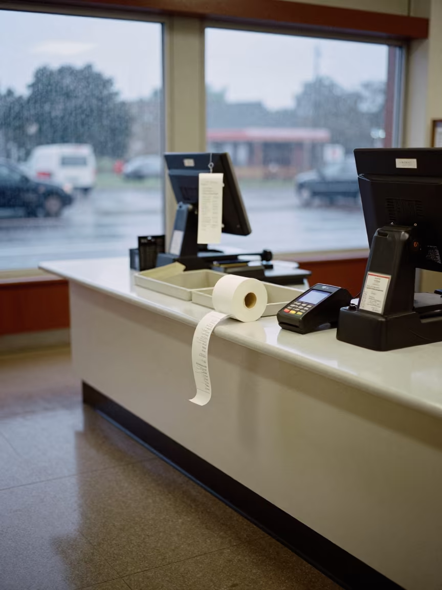 Dawn Checkout Counter with Terminal and Receipts in at a checkout lane under flat store light near Lome