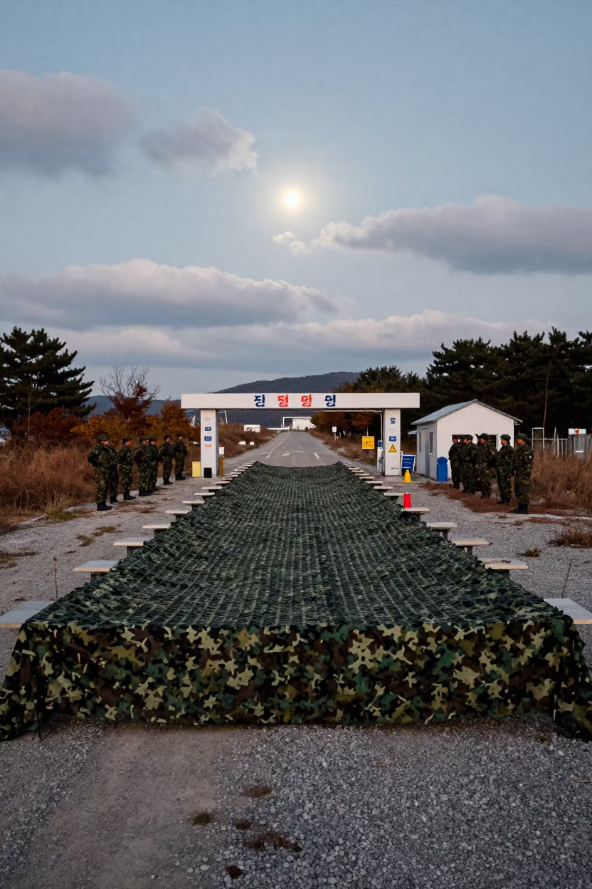 Dawn Checkpoint Camouflage Net Busan in at a checkpoint lane in Busan