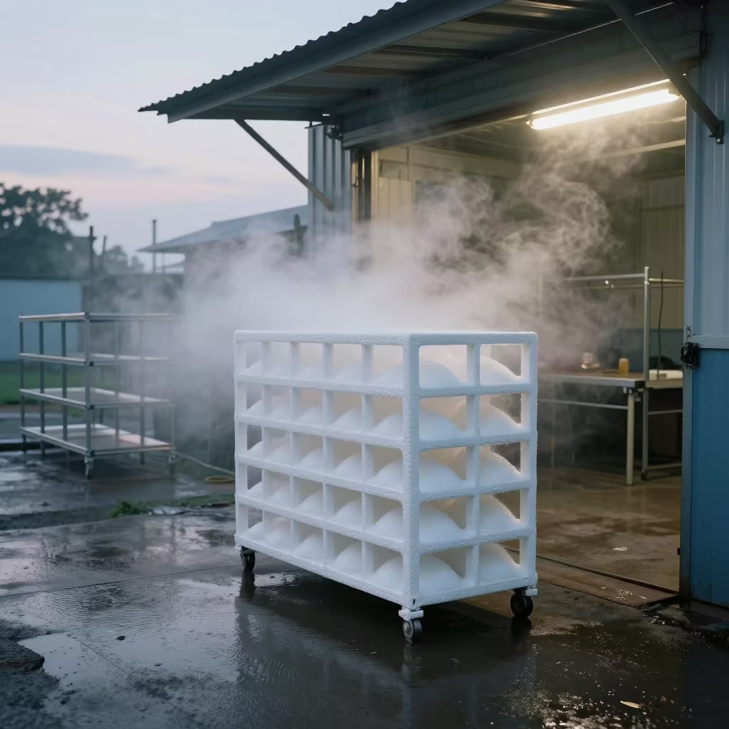 Dawn Chill Vapor Rising from Vaccine Shipper Rack in at a fulfillment packing station in Batala