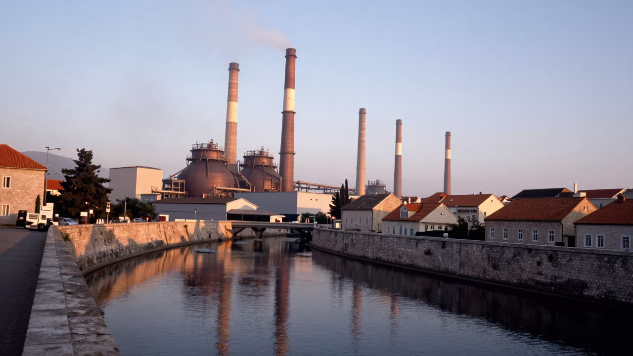 Dawn Chimneys Reflected in Canal Near Dubrovnik in beside a blast furnace near Old Town, Dubrovnik