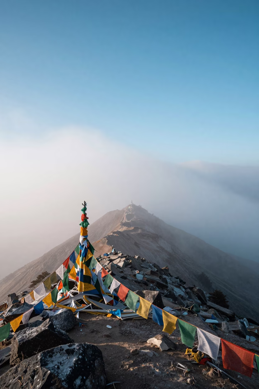 Dawn Clouds Over Kathmandu Mountain Pass in along a high mountain pass beneath prayer flags near Kathmandu
