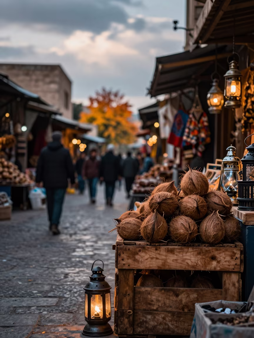 Dawn Coconuts in Diyarbakir Flea Market Lane in in a flea market lane in Diyarbakır