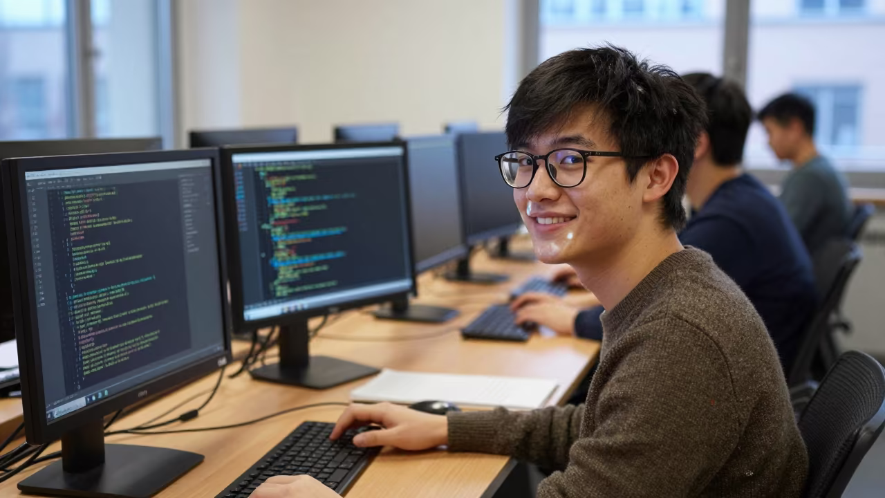 Dawn Code Reflection on Student Face in Copenhagen Lab in in a computer lab before lessons in Copenhagen