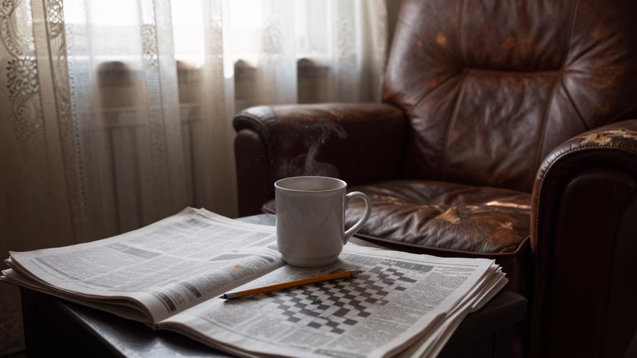 Dawn Coffee and Crossword on Leather Chair in on a worn leather armchair near Namangan
