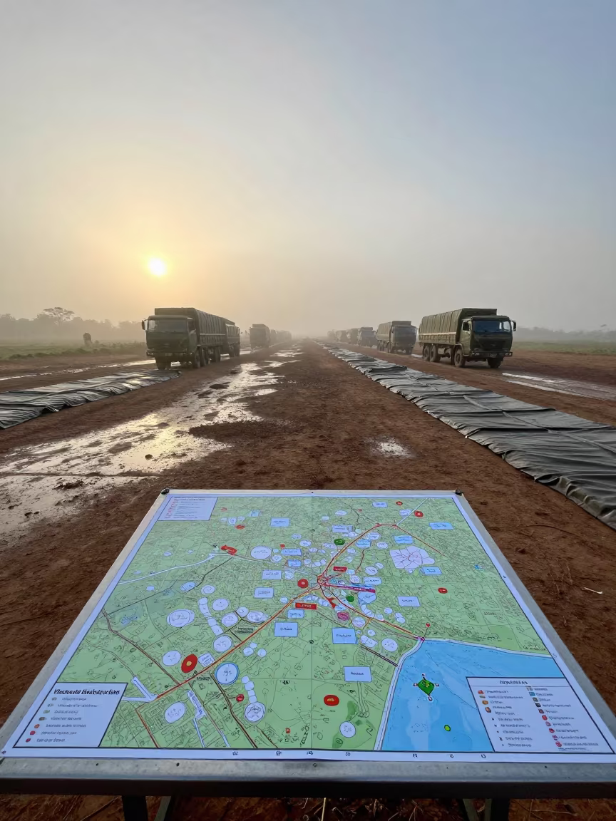 Dawn Command Map With Arrows Burkina Faso in beside a convoy halt on open ground in Burkina Faso