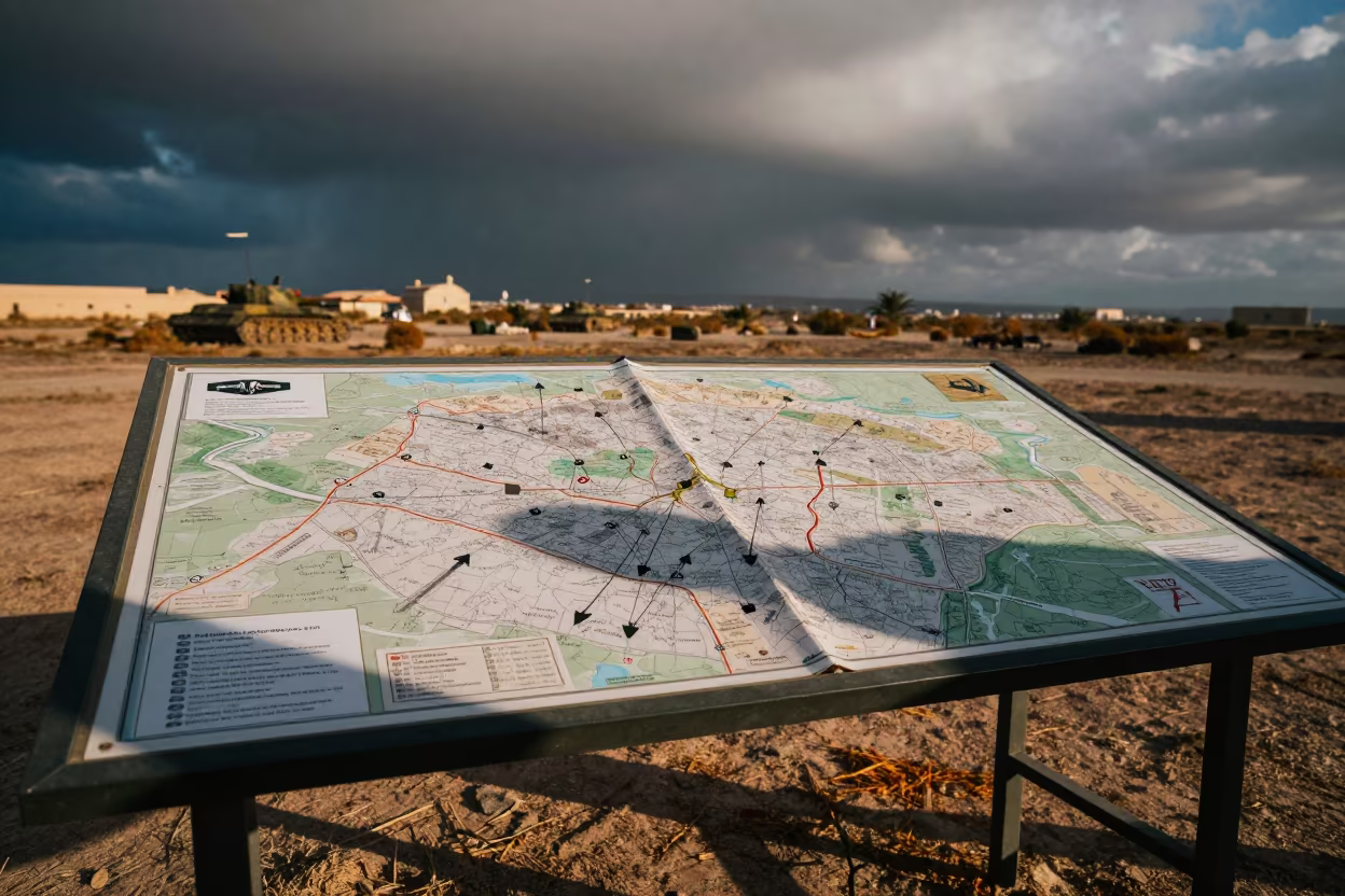 Dawn Command Map Table Arrows Guelmim in beside a convoy halt on open ground near Guelmim