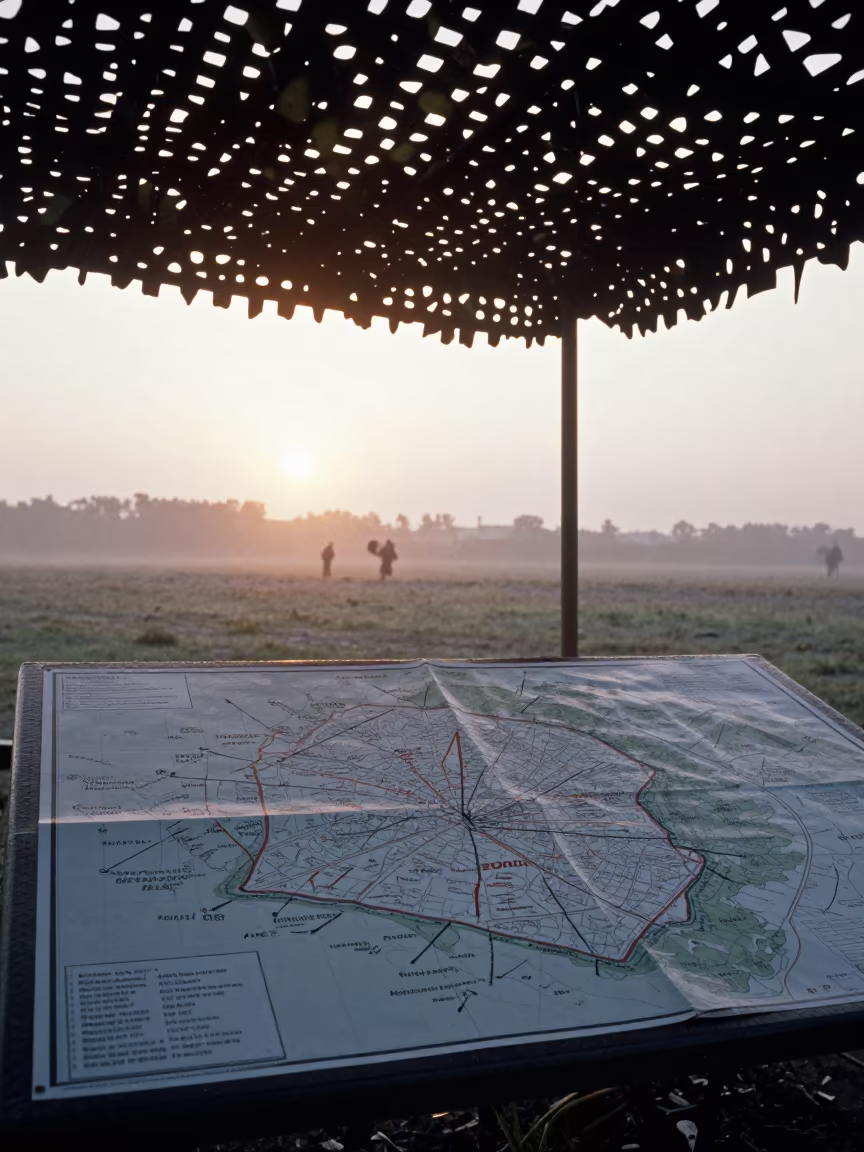Dawn Command Map Under Camouflage Net in beneath a camouflage net shelter in Northern Ireland