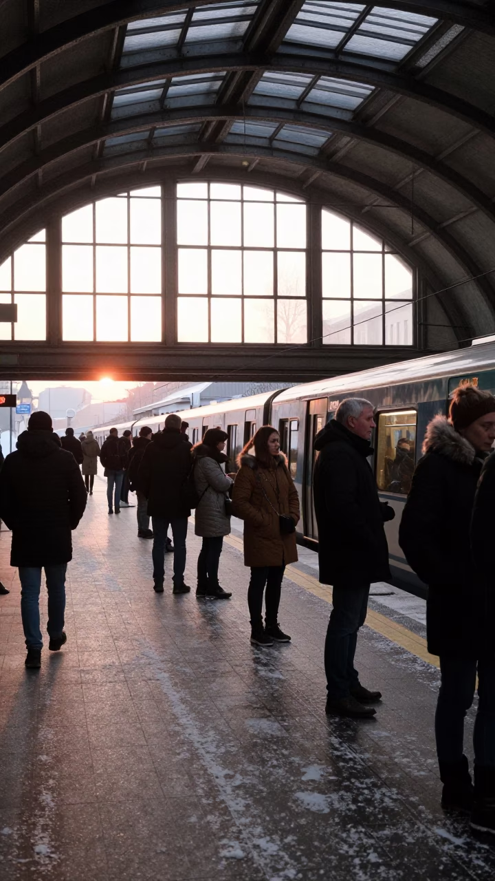 Dawn Commute on Berlin U-Bahn Platform with Snow Slush and Waiting Commuters in in Berlin, Germany