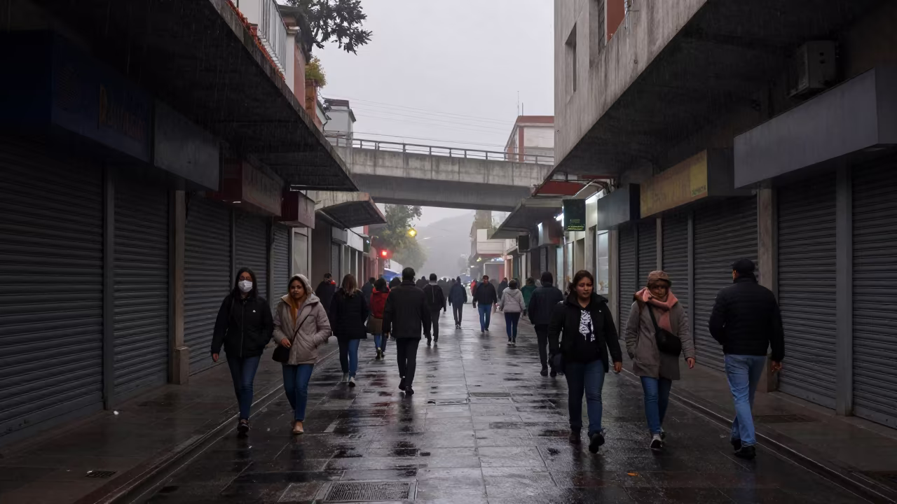 Dawn Commuter Rush Under Rail Overpass Mist in along a shuttered arcade in San Pedro de la Paz