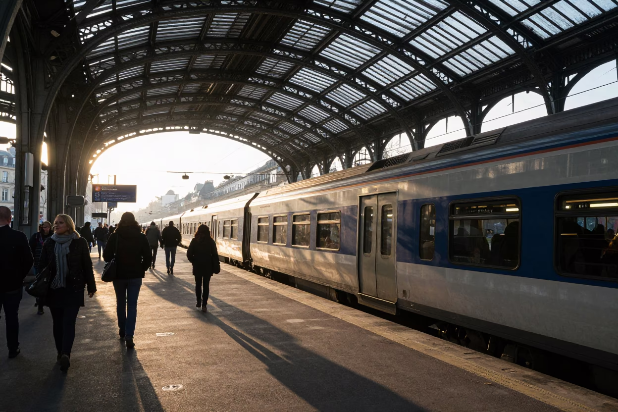 Dawn Commuter Train Arrival at Paris Platform with Morning Rush and Brass Details in in Paris, France