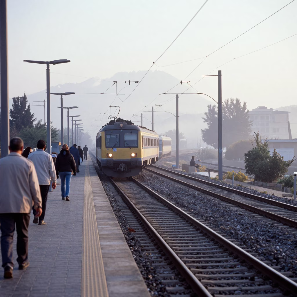 Dawn Commuter Train Along Irbid Switchback Track in along a switchback approach near Irbid