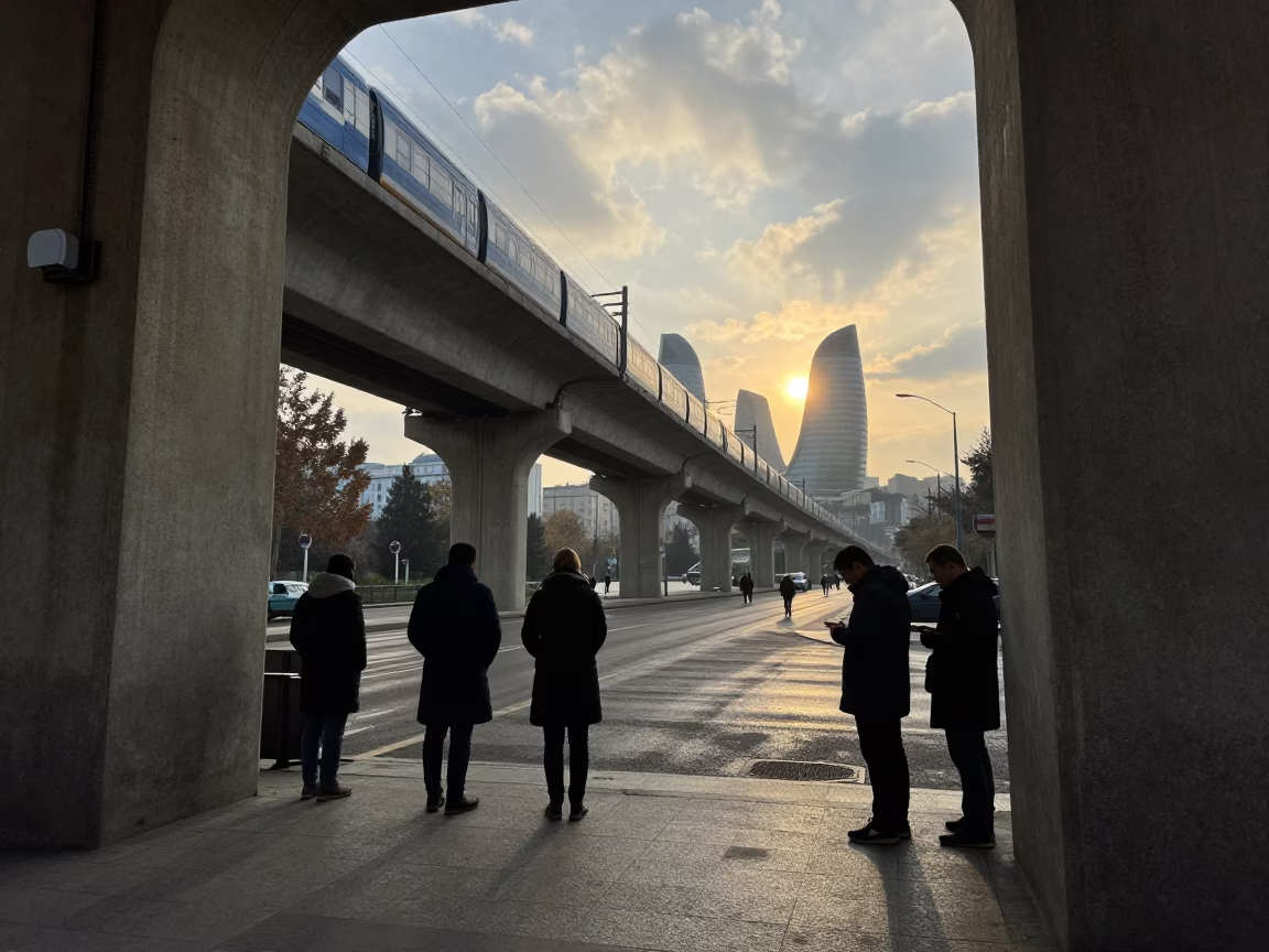 Dawn Commuters Under Baku Elevated Train in under an elevated train line in Baku