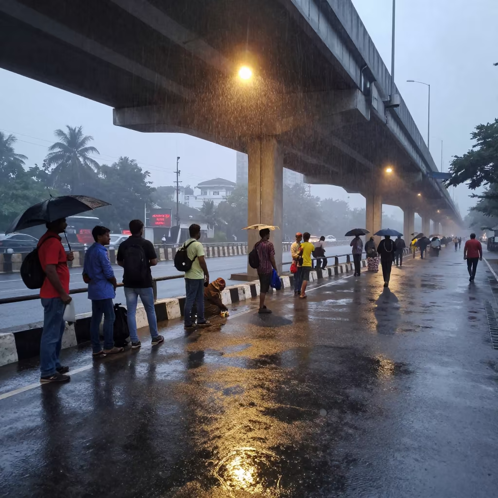 Dawn Commuters Under Flickering Light in Navi Mumbai in beneath a flickering underpass light in Navi Mumbai