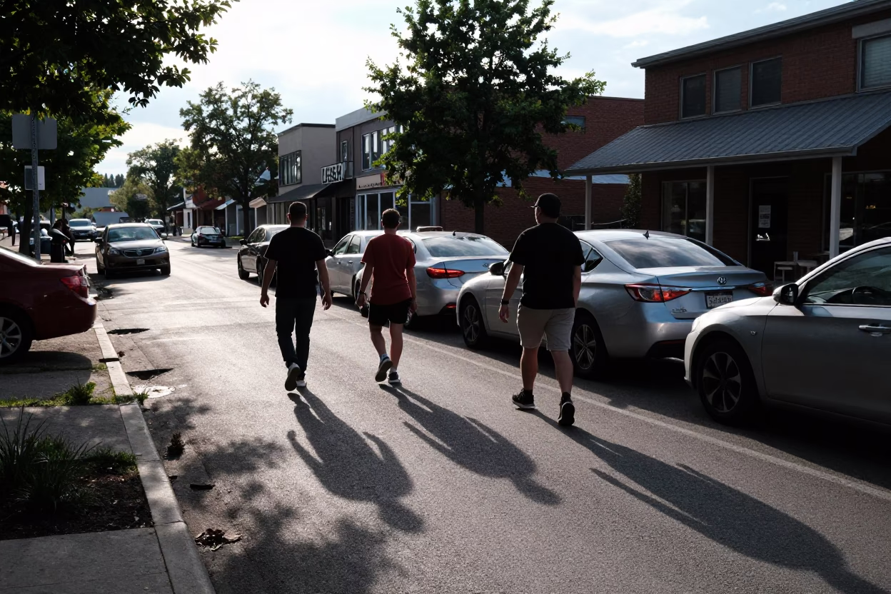 Dawn Commuters Jaywalk Stalled Traffic Missoula in outside a corner cafe in Missoula