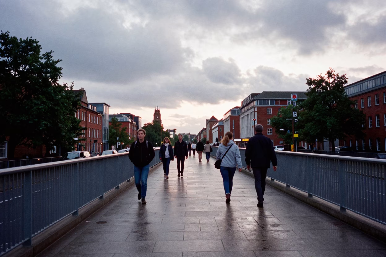 Dawn Commuters on Leicester Overpass Walkway in outside a corner cafe in Leicester