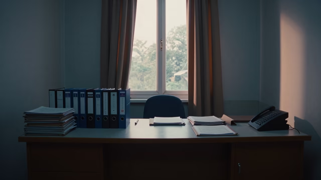 Dawn Compliance Review Room with Binders in in an operations center under monitor glow in Ghorahi