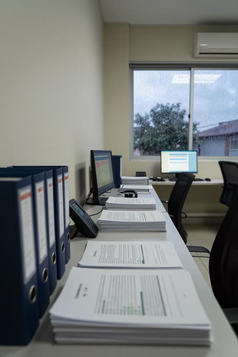 Dawn Compliance Room with Policy Binders and Monitor Glow in in an operations center under monitor glow near Recife