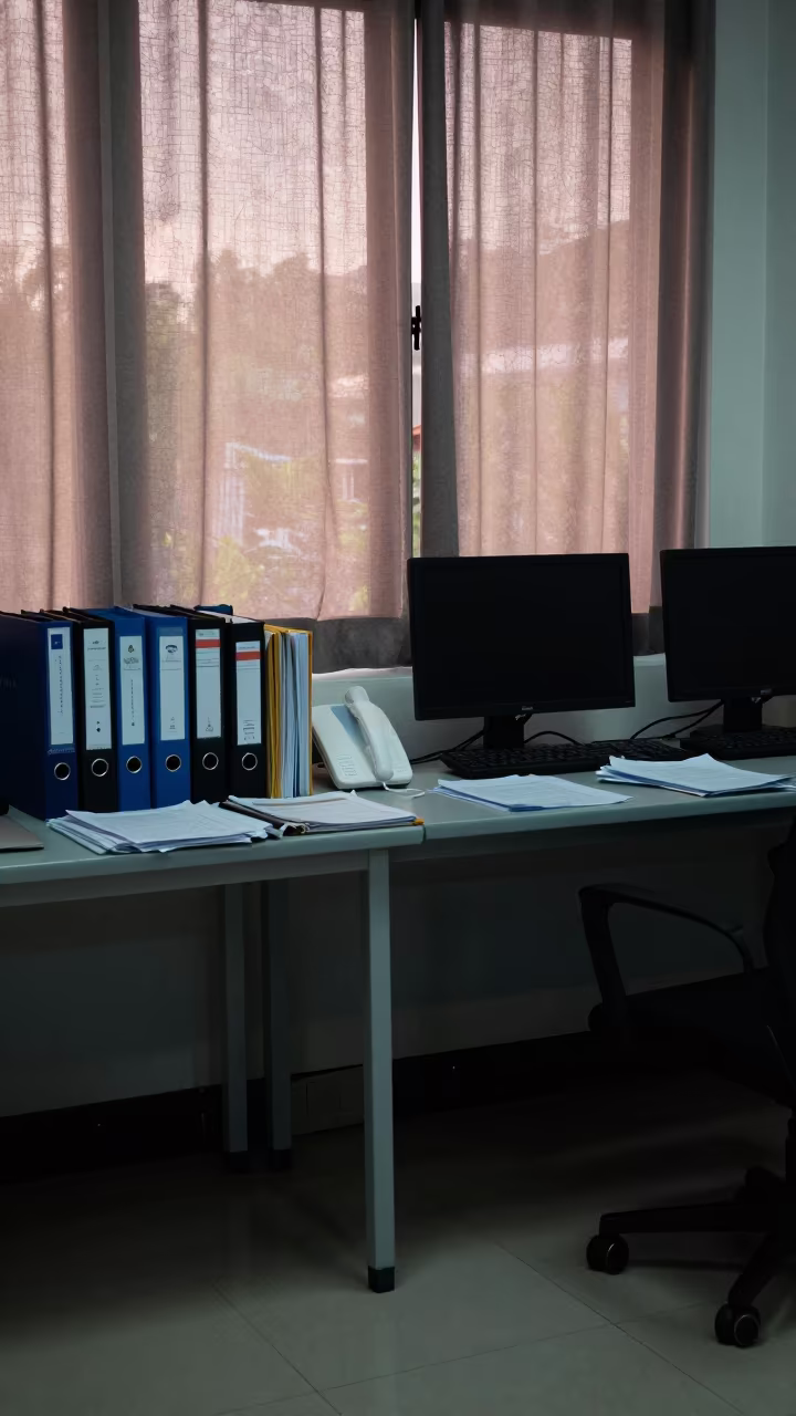 Dawn Compliance Room with Policy Binders and Screens in inside an open-plan office bay in Lahad Datu
