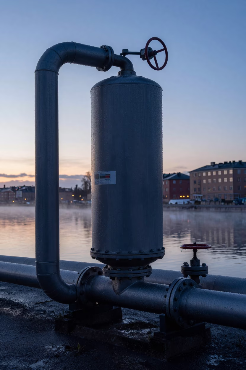 Dawn Condensation on Industrial Pipeline at Stockholm Pumping Station Canal in in Stockholm, Sweden
