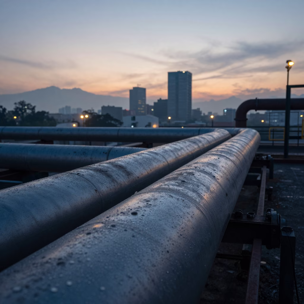 Dawn Condensation on Industrial Pipeline in Mexico City Before Sunrise in in Mexico City, Mexico