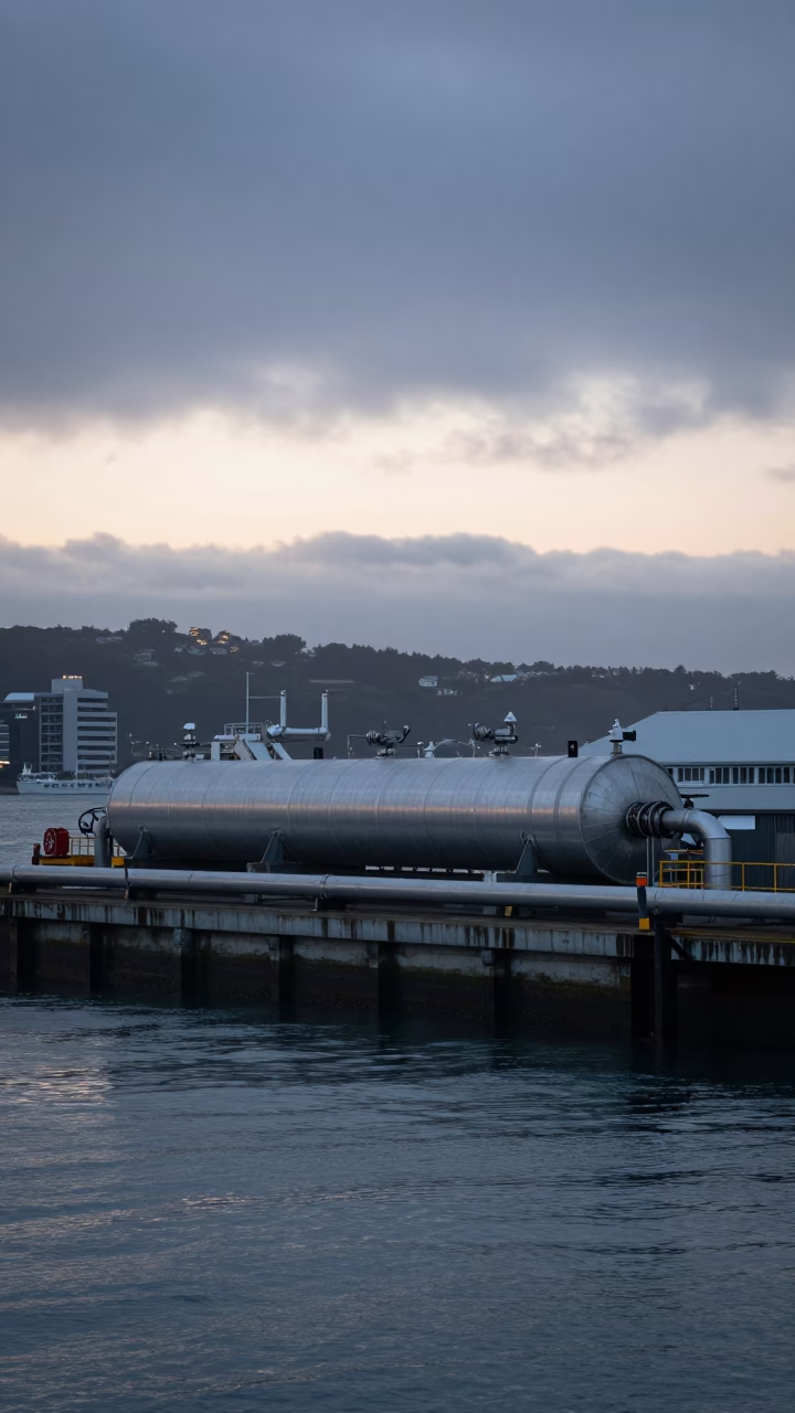 Dawn Condensation on Industrial Pipeline Infrastructure at Wellington Harbor New Zealand in in Wellington, New Zealand