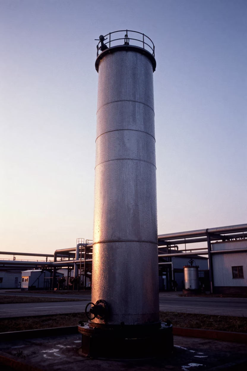 Dawn Condensation on Industrial Pipeline Launcher Cylinder in Budapest Hungary in in Budapest, Hungary