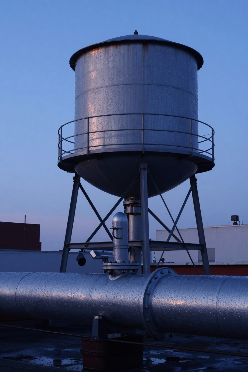 Dawn Condensation on Steel Pipeline in Buenos Aires Rooftop Water Tower Scene in in Buenos Aires, Argentina