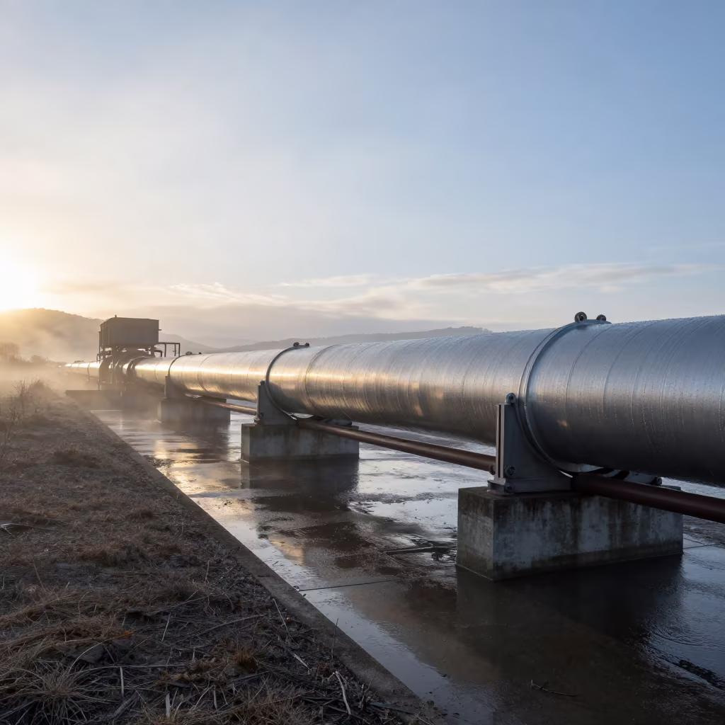 Dawn Condensation on Pipeline Launcher Cylinder in along a dam spillway in Corsica