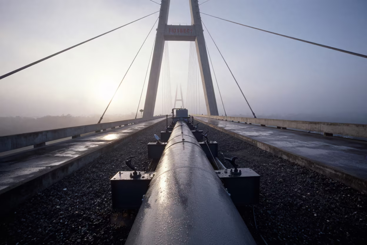 Dawn Condensation on Pipeline Pig Launcher Under Bridge in under a cable-stayed bridge span in Minas Gerais